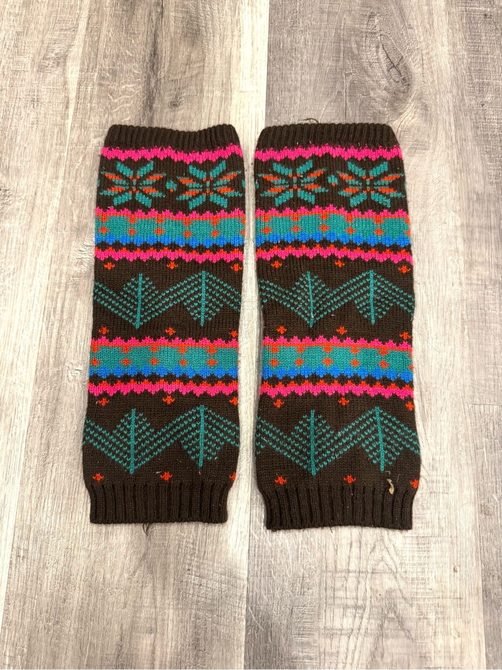 Y2K Boho Fair Isle Knit Leg Warmers Brown Teal Pink Geometric 14”